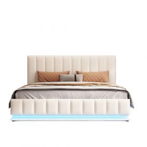 Lit double rembourré 160 x 200 cm avec led, sommier à lattes et coffre de lit hydraulique, avec tête de lit rembourrée réglable en hauteur, blanc