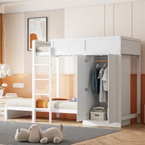 Lit superposé 90x200cm - Lit enfant 2 places avec escaliers, armoire, clôture haute, sommier à lattes - Blanc