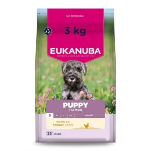 Eukanuba Life Care Croquettes Chiots Petite Race 1à 12 Mois, Riche en Poulet Frais, Croissance optimale - DHA, Calcium, Oméga 3&6, prébiotiques FOS, sans colorants, arômes artificiels ni OGM – 3 kg