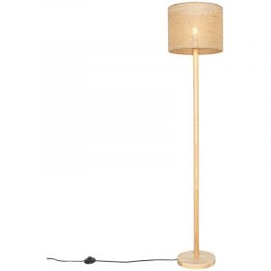 Image de Qazqa Rustique Lampadaire / Lampe De Sol / Lampe Sur Pied / Luminaire / Lumiere / Éclairage Rural Bois Avec Abat-Jour En Lin Naturel 32 Cm - Mels /Lin Naturel Rond / Intérieur / Salon E27...