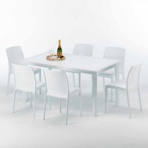 Grand Soleil Table rectangulaire et 6 chaises color&eacute;es Poly rotin resin&eacute; 150x90 blanc | Boheme Blanc