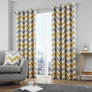 Fusion Rideaux doublés à œillets - coton-imprimé à motif chevrons - ocre jaune - l 229 x L 229 cm