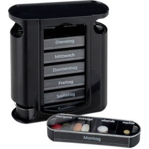 Relaxdays Pilulier 7 jours, lot de 5, 4 compartiments, bo&icirc;te m&eacute;dicaments, semainier comprim&eacute;s, matin midi soir nuit, noir