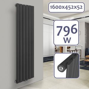 Aquamarin Radiateur Vertical - à Panneau Plat Simple, 1600 x 452 x 52 mm, Acier, Anthracite - Chauffage Central pour Salle de Bain, Salon, Cuisine, Couloir,