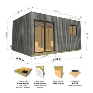 Image de STUDIO DE JARDIN &bull; 19,5 m2 - 5,55 x 3,52m &bull; Plancher isol&eacute; &bull; Bardage Gris &bull; Int&eacute;rieur OSB