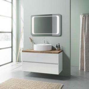 Kiamami Valentina Meuble De Salle De Bain Blanc Brillant 100Cm Lavabo &agrave; Poser Et Miroir &agrave; Led Elba