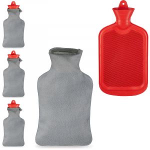 Relaxdays Bouillotte, lot de 4, avec housse moelleuse, 2 litres, caoutchouc naturel sans odeur, eau chaude, gris/rouge