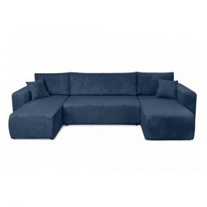 Loungitude Canapé d'angle ALYA panoramique convertible 6 places en velours cotelé - Bleu