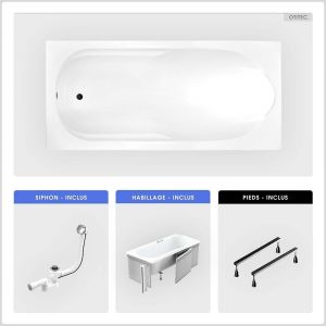 Baignoire rectangulaire - 180 x 80 cm - avec Habillage - Pieds - Vidage Chrome - BONA