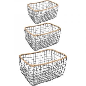Lot de 3 paniers JIMO corbeilles retangulaires de tailles différentes, en métal noir et rotin synthétique