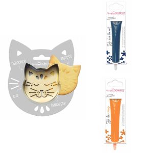 Kit pour biscuit en relief Chat + 2 Stylos au chocolat bleu nuit et orange