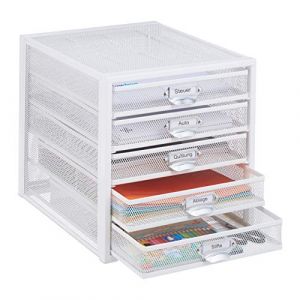 Relaxdays Organiseur de bureau, 5 tiroirs, inscriptible, trier dossiers, rangement en acier 29 x 27,5 x 35,5 cm, blanc