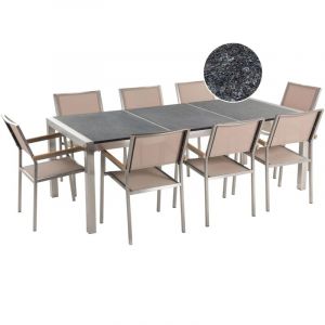Beliani Table de Jardin et 8 Chaises 220 x 100 cm Granit et Tissu Noir et Beige Grosseto