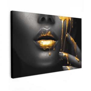 TABLEAU SUR TOILE Femme - Noir - Or - Visage - L&egrave;vres Decoration Murale Peinture Salon 120x80 cm