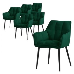 Lot de 6 Chaises Salle à Manger en Tissu Éponge, Vert Foncé, Chaises Cuisine avec Assise Rembourrée Épaisse et Pieds Métalliques, Dossier et