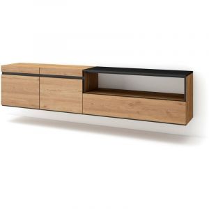 Skraut Home - Meuble tv, Banc Télé, Grand espace de Rangement, 200x45x35cm, Pour les tv jusqu'à 80', Suspendu, Mural, Style moderne, Chêne et noir