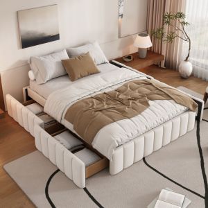 Lit double 140x200cm - cadre de lit adulte avec 4 tiroirs, sommier à lattes, sans tête de lit - style minimaliste - velours beige