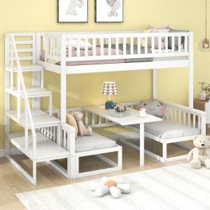 Dripex Lit Superposé Cabane 90 X 200 Cm, Lit Enfant Avec Escaliers De Rangement,Lit Maison Sommier En Pin Sécurité,Blanc