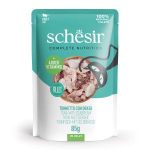 Schesir Ton avec dorade en gelée, Nourriture Humide complète pour Chats, enveloppe, ingrédients 100% naturels, sans cruauté 12 x 85 g