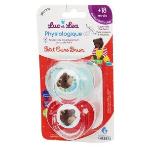 Luc et L&eacute;a 2 Sucettes Silicone Physiologiques avec Anneau 18 Mois et + - Petit Ours Brun