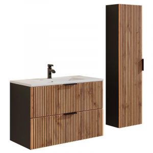 Meuble de salle de bain suspendu strié avec vasque à encastrer et colonne - Naturel clair et noir - 80 cm - madela