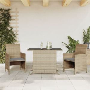 VidaXL Ensemble de Bistro avec Coussins 3 pcs, Chaises et Table de Patio, Meubles de Terrasse Arri&egrave;re-cour Ext&eacute;rieur, M&eacute;lange Beige R&eacute;sine Tress&eacute;e