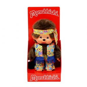 Sekiguchi 252886 - Monchhichi Original garçon Flower Power en Orange, Jaune et Bleu, Animal en Peluche Brun d'environ 20 cm