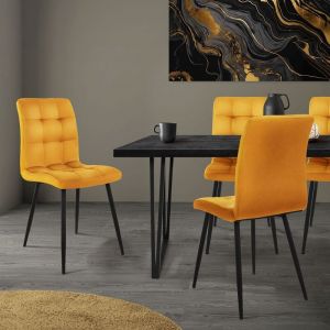 ML-Design Set de 4 Chaise de Salle à Manger, Jaune Moutarde, Revêtement en Velours, Pieds en Métal Noir, avec Dossier Ergonomique, Design Moderne,