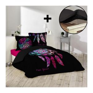 Pack parure de couette 260x240 cm Porte bon ur + drap housse 160x200 Noir