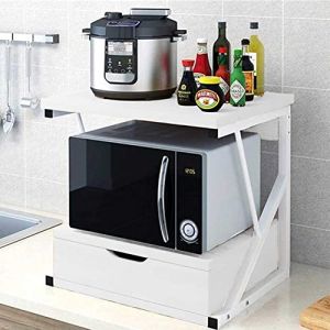 BAKAJI Étagère à Micro-Ondes, Structure en métal avec étagère en Bois MDF et tiroir Organisateur étagère Porte-Outils de Cuisine, Design Moderne, 54 x 35 x 50 cm (Blanc)