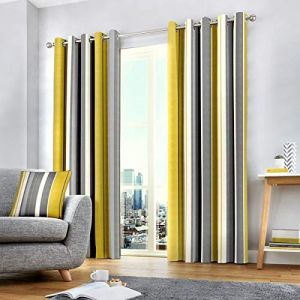 Fusion Vertical Rayure Jaune Gris Beige Entièrement Doublé 117cm X 183cm - Anneau CURTAINS