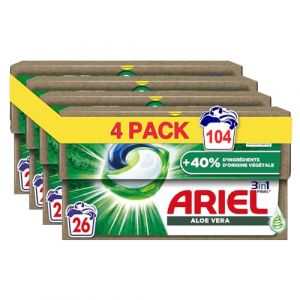 Ariel 3in1 PODS, Lessive Liquide Capsules, 104 Lavages (4x26 Tablettes), Avec Une touche D'Aloe Vera, 40% En Plus D’Ingrédients Végétale, Testé Dermatologiquement, Fabriqué en France