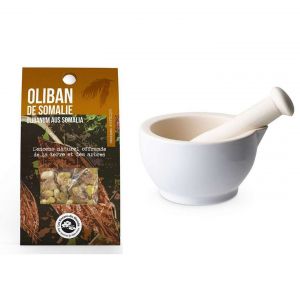 Aromandise Mortier et pilon en gr&egrave;s blanc + R&eacute;sine d'Oliban de Somalie