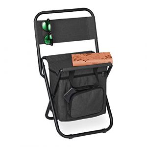 Relaxdays Tabouret de Camping avec Poche, Pliant, sans Dossier, p&ecirc;che, Jardin, Chaise &agrave; Transporter, 60x35x35 cm, Noir