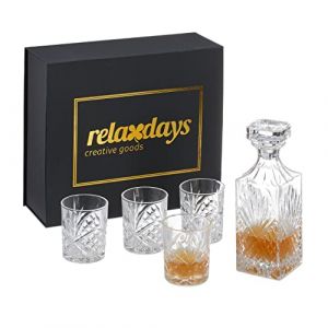 Relaxdays Set avec 4 Verres à Whisky de 310 ML chacun, Carafe refermable 0,80 L, boîte Cadeau, pour Cognac, Transparent