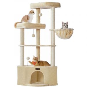 Arbre &agrave; chat 485 x 485 x 1407 cm tour de jeux pour chats avec niche grandes plateformes balles en peluche hamac beige