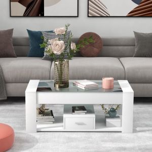 Table basse de salon avec plateau en verre, casiers et rangements, Cadre en bois panneau de particules, Moderne, Blanc, 100x50x40cm
