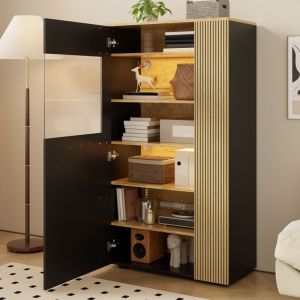 Armoire de rangement avec &eacute;clairage LED, meuble haute, 2 &eacute;tag&egrave;res r&eacute;glables, 80x40x146cm, noir et naturel