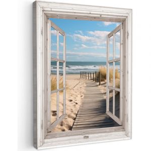 TABLEAU SUR TOILE Fen&ecirc;tre - Mer - C&ocirc;te - Nature - vue - Plage - Mer des Wadden 60x80 cm