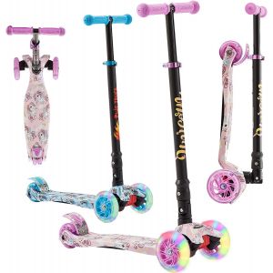 Image de Arebos Trottinette Rose Cityroller Scooter réglable en Hauteur | Pliable | Roues LED-XXL | Frein de Marche | pour Enfants | jusqu'à 50 kg de Charge | Trottinette | Kickscooter