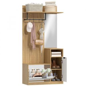 Homcom Meuble d'entr&eacute;e - 6 en 1 - banc &agrave; chaussures rabattable, miroir et pat&egrave;re - MDF - 80x37x168cm - blanc et ch&ecirc;ne