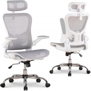 Chaise de Bureau Ergonomique, Fauteuil avec Appui-tête Réglable, Accoudoirs Rabattables, Soutien Lombaire, Chaise de Gaming Fonction Bascule, Siège