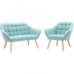 Canap&eacute; 2 places et fauteuil en tissu vert d'eau CASERTA