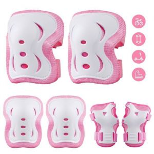 Plusawa Set de Protection Enfant Genouill&egrave;res Coudi&egrave;res Prot&egrave;ge-Poignets Lumineux R&eacute;glable pour Skate V&eacute;lo Roller Rose - S