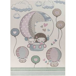 Tapis Enfant - Montgolfi&egrave;res & Ballons - Beige et Rose - 160x213cm