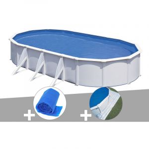 Gre Kit piscine acier blanc Fidji ovale 6,34 x 3,99 x 1,22 m + B&acirc;che &agrave; bulles + Tapis de sol