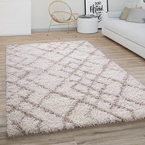 Paco Home - Tapis Shaggy Tapis De Salon Poil Long Moderne Boho Scandinave Motif Diamant 120 cm rond, Cr&egrave;me Beige 2