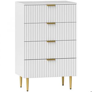 Homcom Commode 4 tiroirs design effet cannelé piètement poignées métal doré blanc