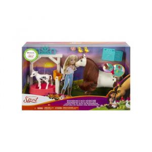 Spirit Coffret : bain de boomerang + cheval blanc et brun avec taches et vache et accessoires - set jouet fille et 1 carte