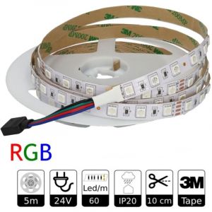 JANDEI - Bande Led RGB 24V pour Éclairage Intérieur, 5 mètres, 15W, 80 LM/W, 300 LED, SMD5050, Adhésive et Flexible, Découpable tous les 10 cm (alimentation non incluse)